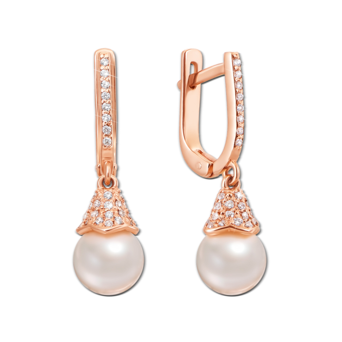Золоті сережки-підвіски з перлами і фіанітами. Артикул 21087 п