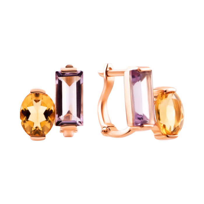 Золоті сережки з цитрином та аметистом. Артикул UG52111041701
