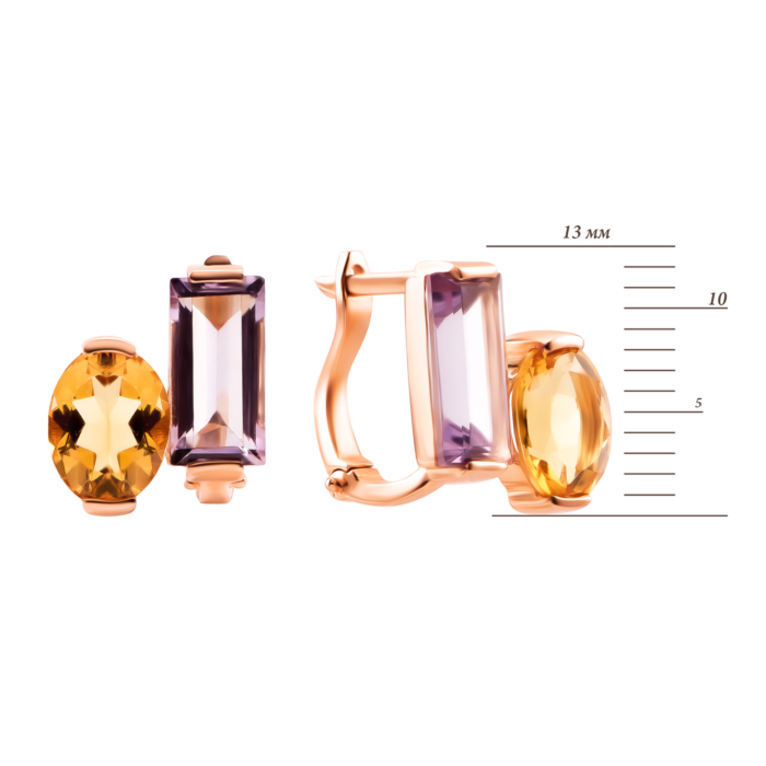 Золоті сережки з цитрином та аметистом. Артикул UG52111041701