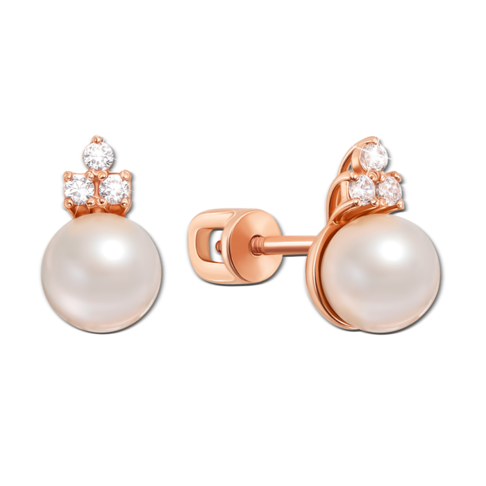 Золотые пуссеты с жемчугом и фианитами. Артикул 21683