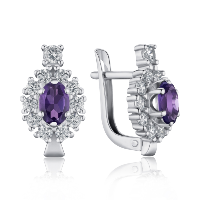 Срібні сережки з аметистом та фіанітами. Артикул 40422/12/1/5901