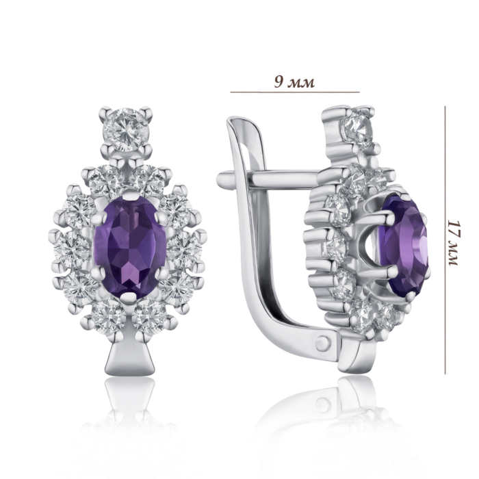 Срібні сережки з аметистом та фіанітами. Артикул 40422/12/1/5901