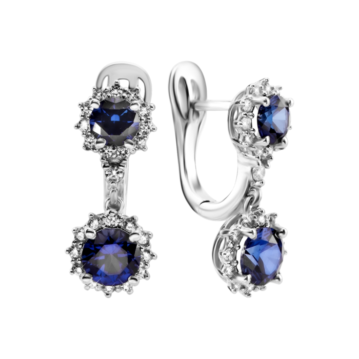 Серебряные серьги-подвески с гидротермальным сапфиром и фианитами. Артикул UG52474/1р-HSPH