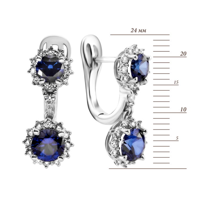 Серебряные серьги-подвески с гидротермальным сапфиром и фианитами. Артикул UG52474/1р-HSPH