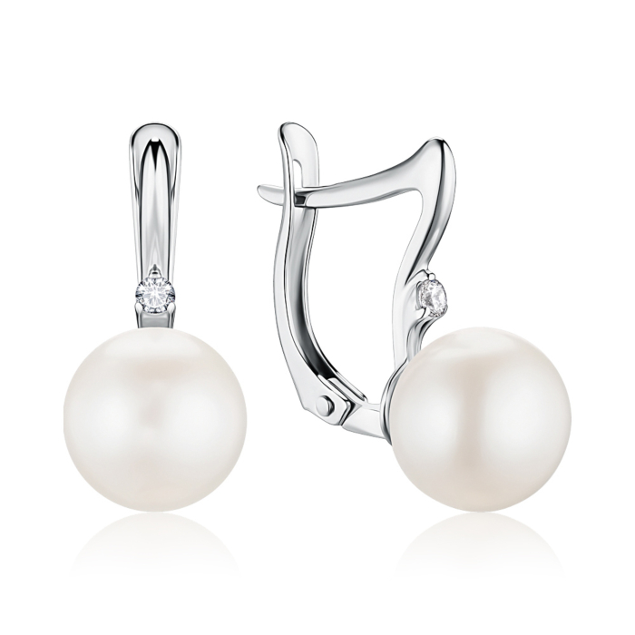 Сережки з білого золота з перлиною та фіанітом 21723/02/1/1753