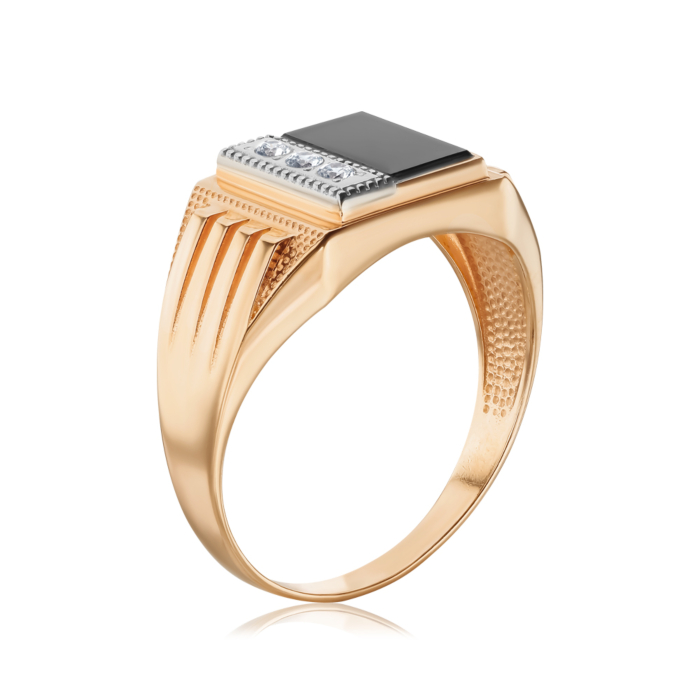 Золотая печатка с ониксом и фианитами. Артикул 1923