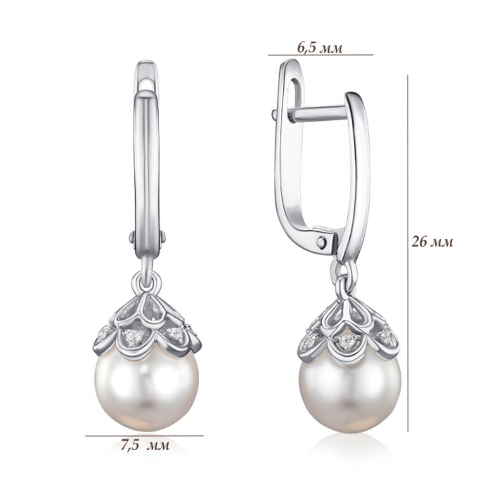 Срібні сережки з перлиною та фіанітами 40253/12/1/21388