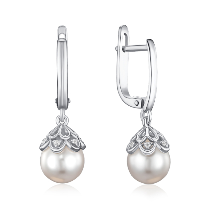 Срібні сережки з перлиною та фіанітами 40253/12/1/21388