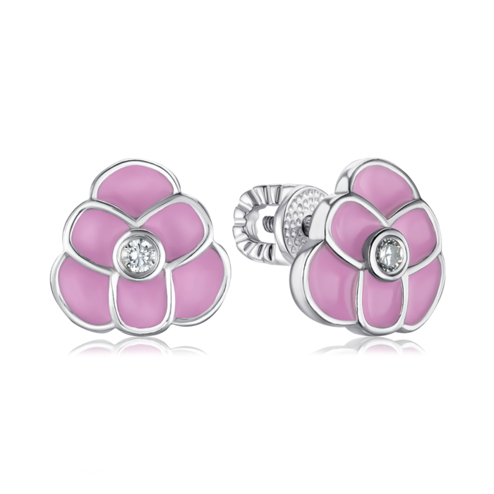 Срібні сережки з фіанітом та рожевою емаллю 40963/12/1/3630