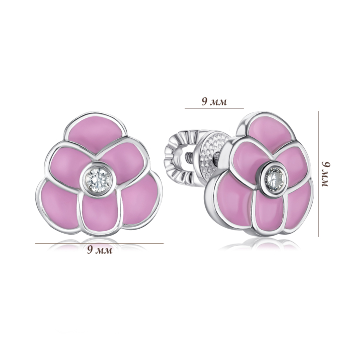 Срібні сережки з фіанітом та рожевою емаллю 40963/12/1/3630