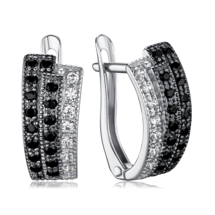 Серебряные серьги с черными и белыми фианитами 40244/12/1/525