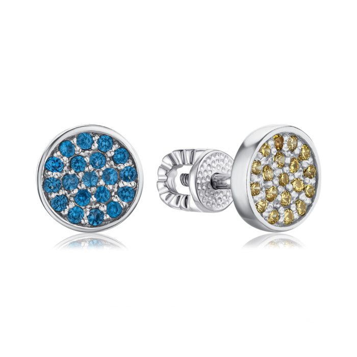 Срібні сережки з жовтими та синіми фіанітами 41354/12/1/4412