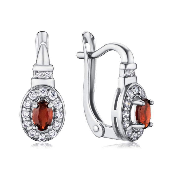 Срібні сережки з гранатом та фіанітами. Артикул 50274/12/1/5010