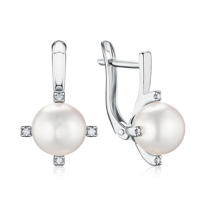 Серьги из белого золота с жемчугом и фианитами 21315/02/1/2151