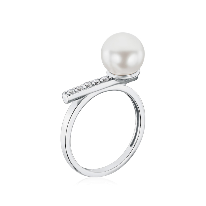 Срібна каблучка з перлиною та фіанітами 001346/12/1/21397
