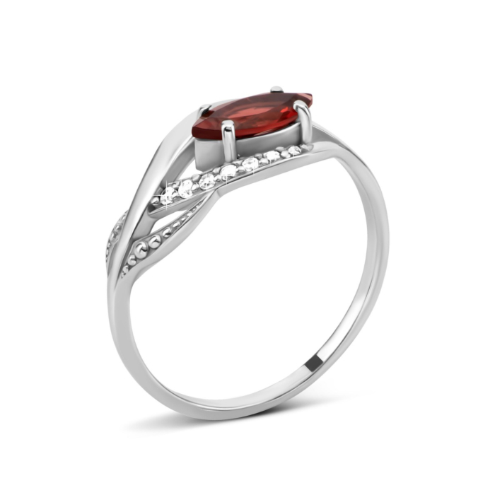 Срібна каблучка з гранатом та фіанітами. Артикул UG5703/гркб/з/род