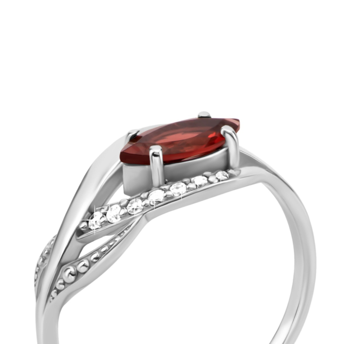 Срібна каблучка з гранатом та фіанітами. Артикул UG5703/гркб/з/род
