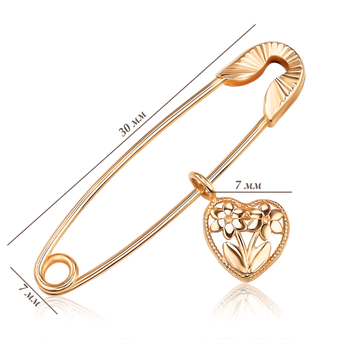 Золота брошка-булавка з підвіскою «Серце». Артикул 04027