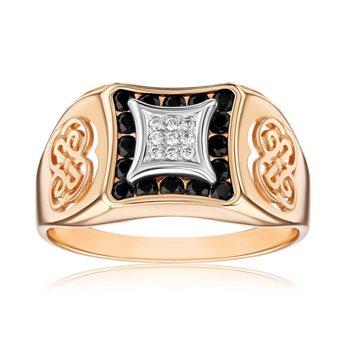 Золотое кольцо-печатка с черными и белыми фианитами 19158/01/1/1500