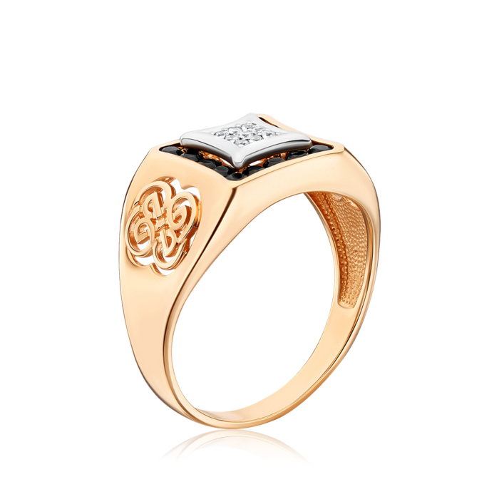 Золотое кольцо-печатка с черными и белыми фианитами 19158/01/1/1500