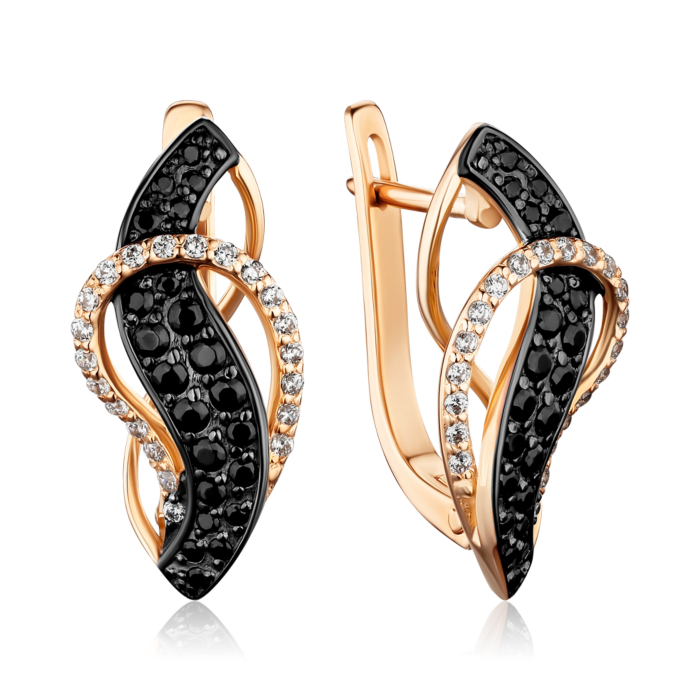 Золоті сережки з чорними та білими фіанітами 21259/01/1/442