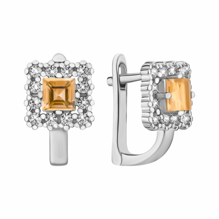 Серебряные серьги с цитрином и фианитами. Артикул SZDE15968 цит