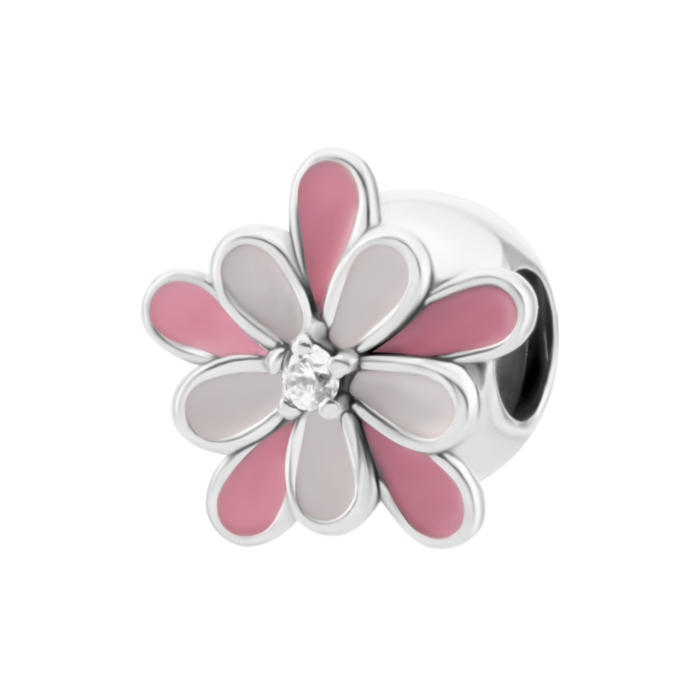 Срібна намистина шарм Квітка з емаллю та фіанітом. Артикул UG5PK00033