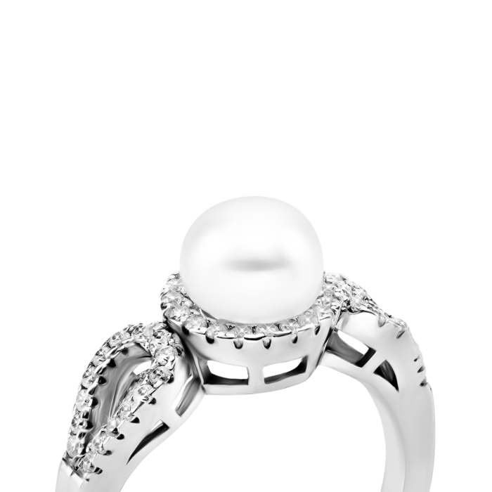 Срібна каблучка з перлиною та фіанітами. Артикул UG5PSS0332R