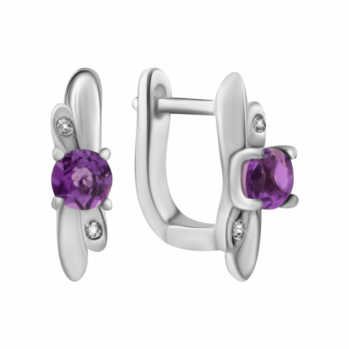 Срібні сережки з аметистом та фіанітами. Артикул UG5SZDE15528 ам