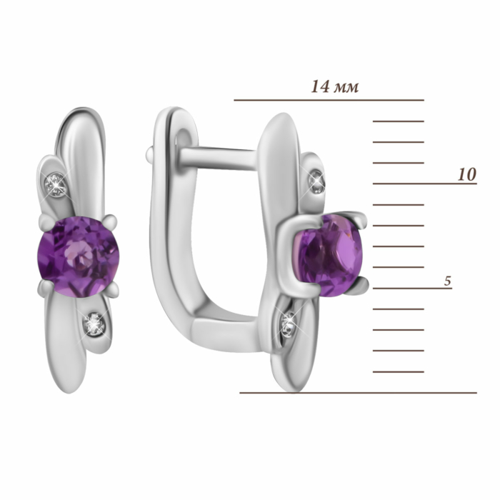 Срібні сережки з аметистом та фіанітами. Артикул UG5SZDE15528 ам