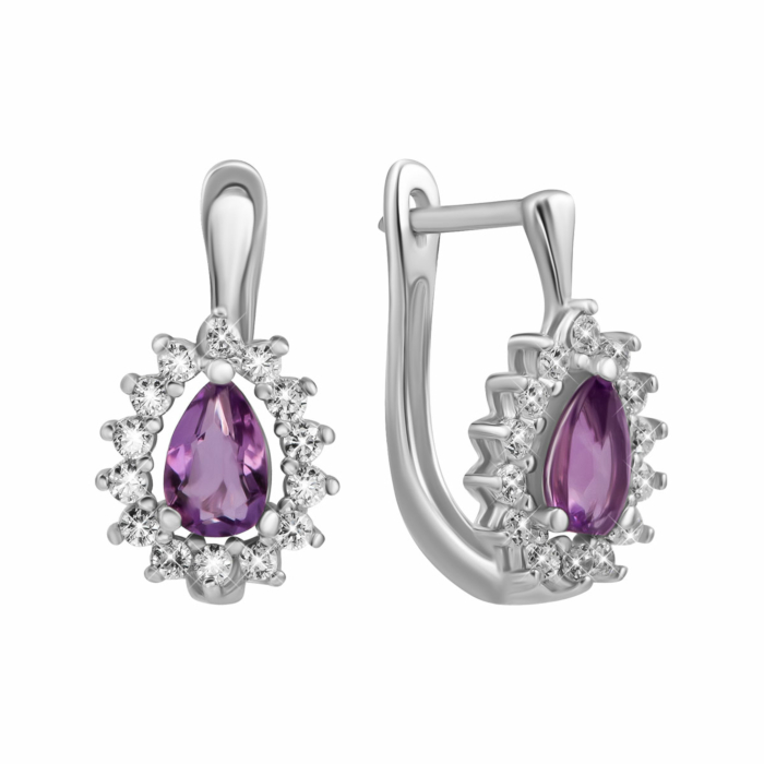 Срібні сережки з аметистом та фіанітами. Артикул UG5SZDE15934