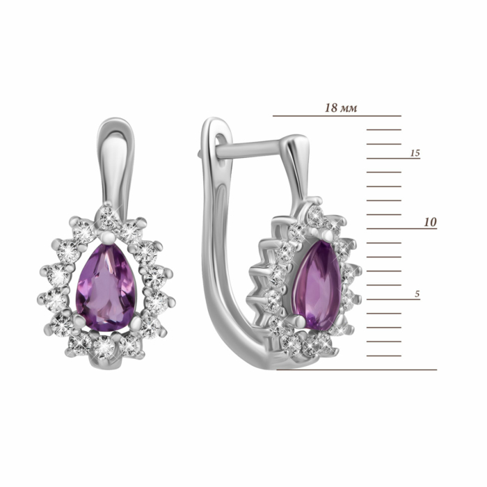 Срібні сережки з аметистом та фіанітами. Артикул UG5SZDE15934