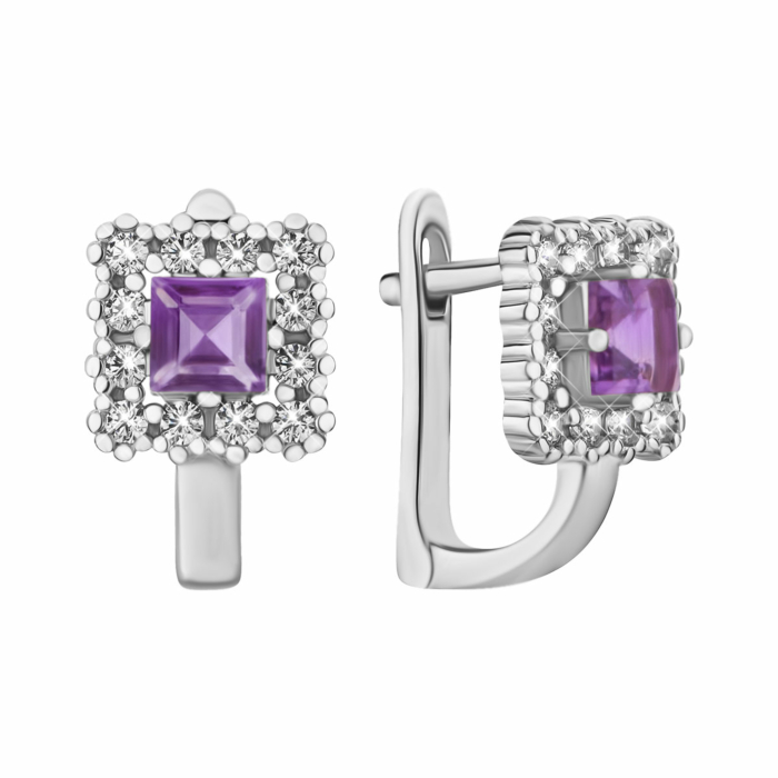 Срібні сережки з аметистом та фіанітами. Артикул UG5SZDE15968 ам
