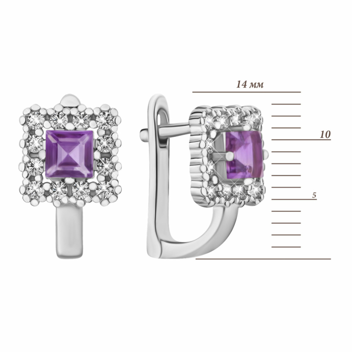 Срібні сережки з аметистом та фіанітами. Артикул UG5SZDE15968 ам