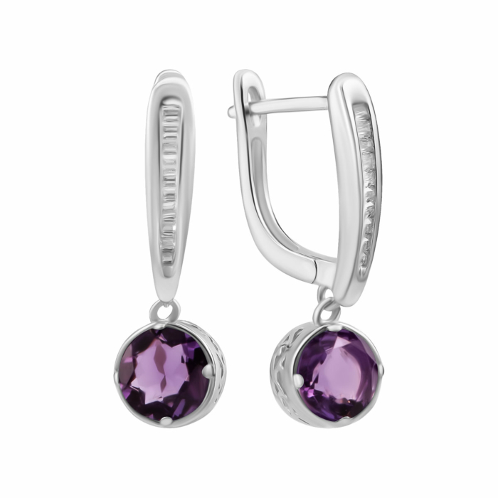 Срібні сережки-підвіски з аметистом та фіанітами. Артикул UG5SZDE16154 ам