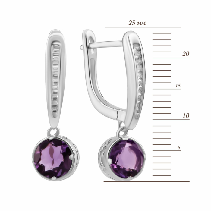 Срібні сережки-підвіски з аметистом та фіанітами. Артикул UG5SZDE16154 ам