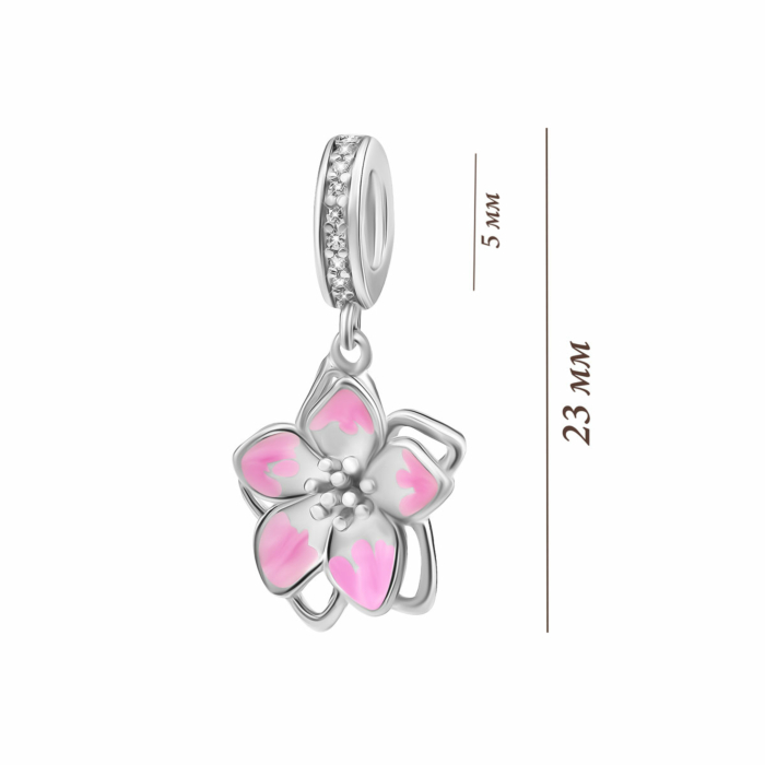 Срібна намистина шарм Сакура з емаллю та фіанітами. Артикул UG5SZDP04706