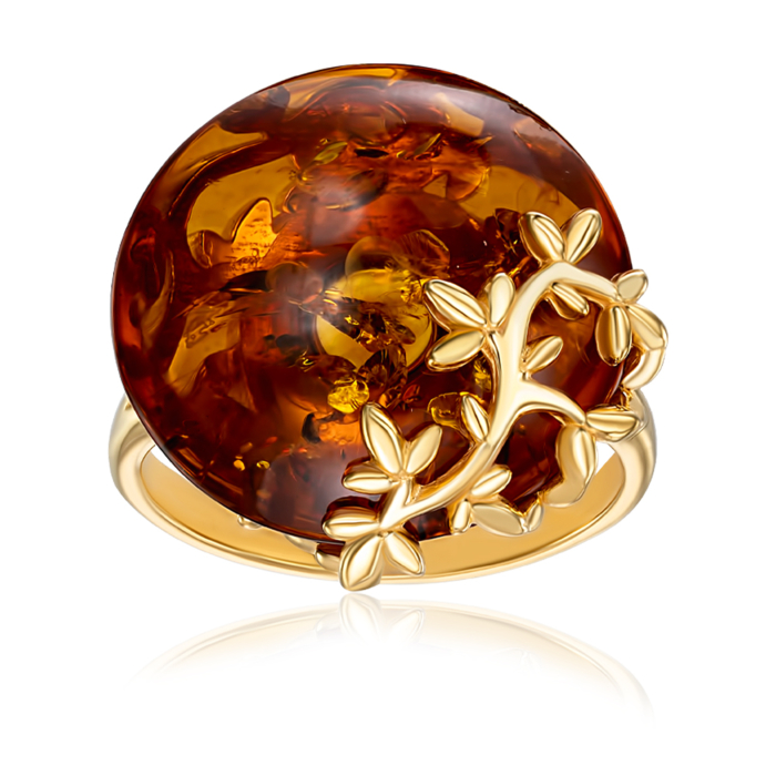 Серебряное позолоченное кольцо с янтарем. Артикул AuR503C-R/20/2787