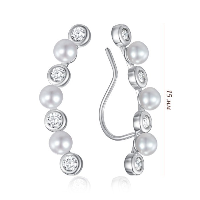 Серебряные каффы с фианитами и жемчугом. Артикул B04133-E/12/21127