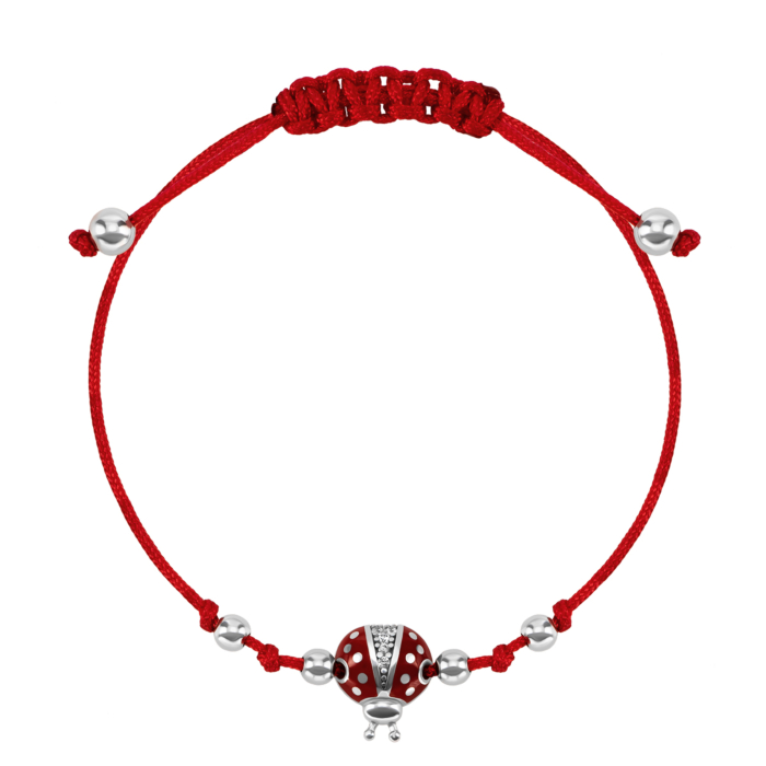 Браслет на нити Божья коровка с фианитами и эмалью. Артикул UG5996Б.Кра.Rh