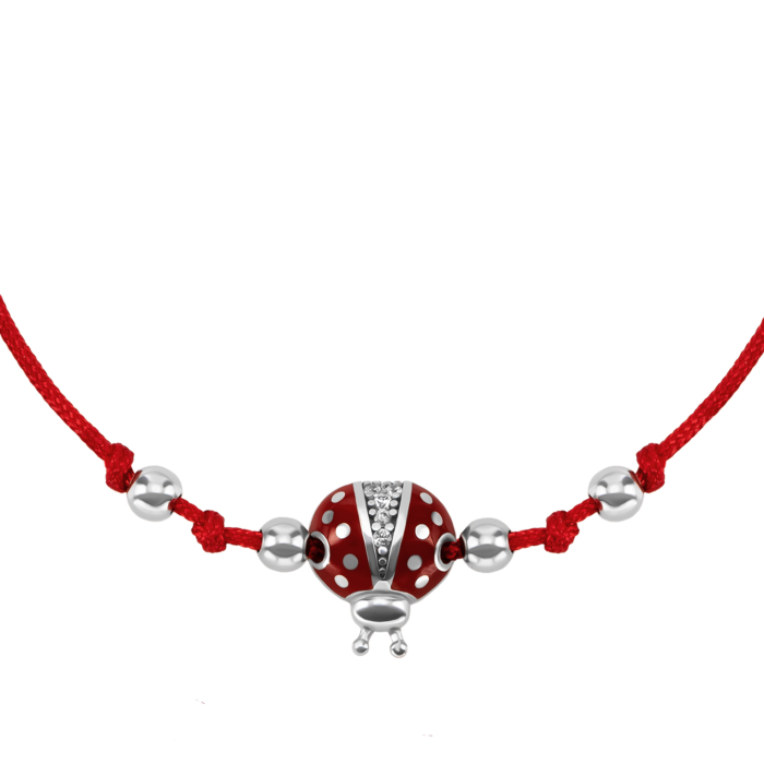 Браслет на нити Божья коровка с фианитами и эмалью. Артикул UG5996Б.Кра.Rh