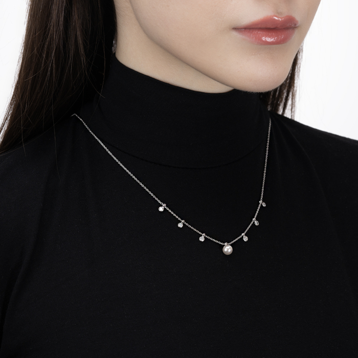 Серебряное колье с жемчугом и фианитами. Артикул CLT 11851 RH-K/12/4809