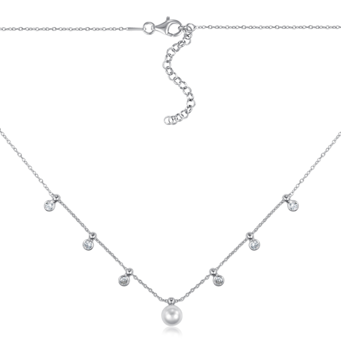 Серебряное колье с жемчугом и фианитами. Артикул CLT 11851 RH-K/12/4809