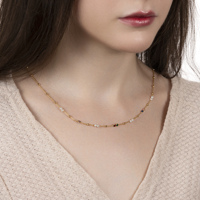 Срібне кольє з перлами та фіанітами. Артикул CLT_12062-K/20/21081