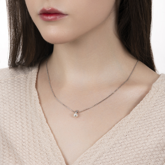 Серебряное колье с фианитом та перлиною. Артикул CLT_12081-K/12/4586