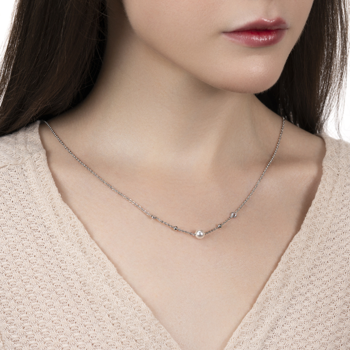 Серебряное колье з жемчугом и фианитами. Артикул CLT_12082-K/12/4586