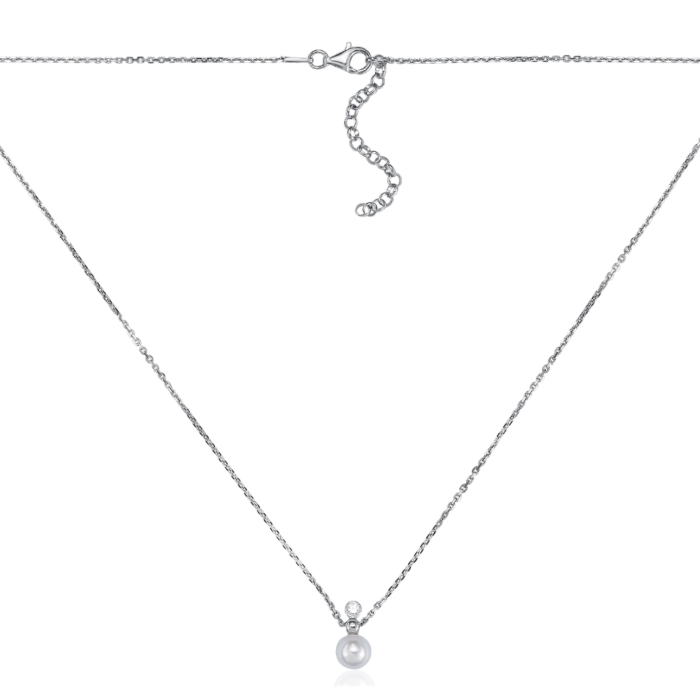Серебряное колье с фианитом та перлиною. Артикул CLT_12081-K/12/4586