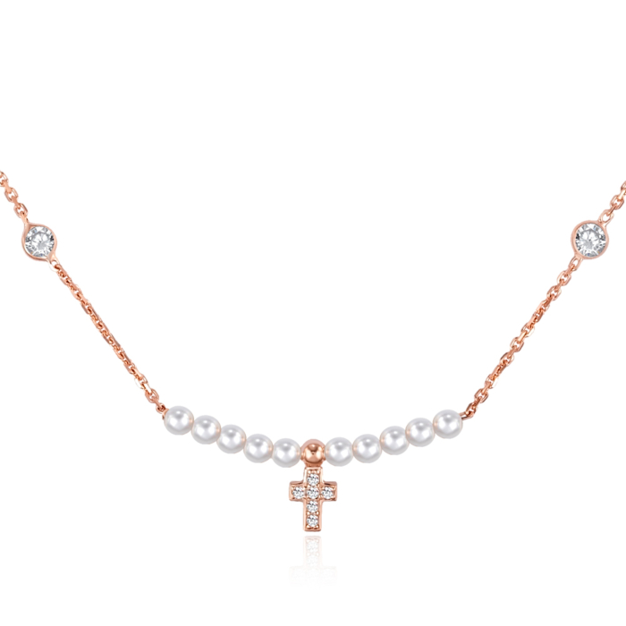 Срібне кольє з перлами та фіанітами. Артикул CLT 9577 P-K/17/4806