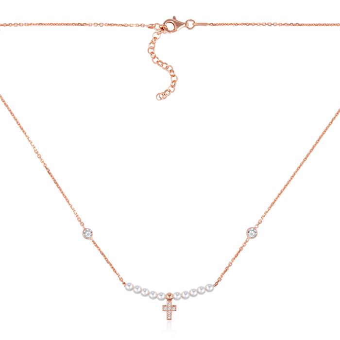 Срібне кольє з перлами та фіанітами. Артикул CLT 9577 P-K/17/4806