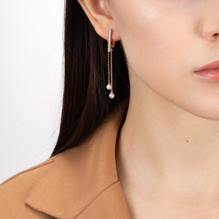 Золотые серьги-подвески с жемчугом и фианитами. Артикул 23529/01/1/1974